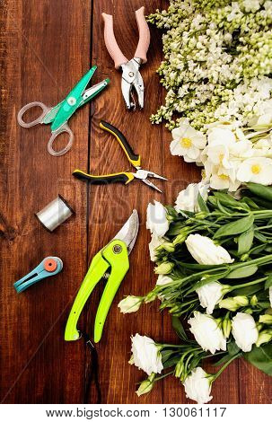 Garden Tools, Tools For Floristics And Flowers On A Wooden Table.