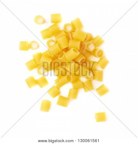 Pile of dry ditalini yellow pasta over isolated white background