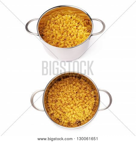 Set of metal pan filled with dry ditalini yellow pasta over isolated white background, different foreshortenings