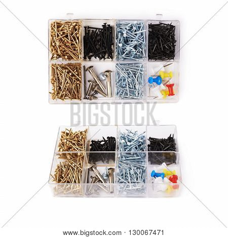 Set of collection of nails in plastic box isolated over white background, different foreshortenings