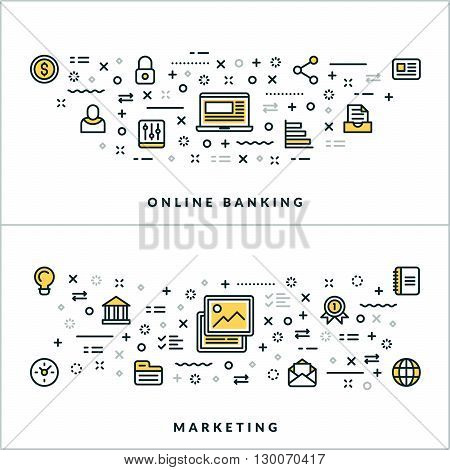 Online Banking and Marketing. Vector Flat Thin Line Illustration for Website Banner or Header. Flat Line Icons and Geometric Design Elements