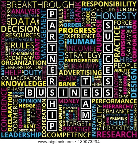 Multicolored horizontal and vertical placed business and finance related words on black background. Abstract business and finance words concept. Business and finance related words background