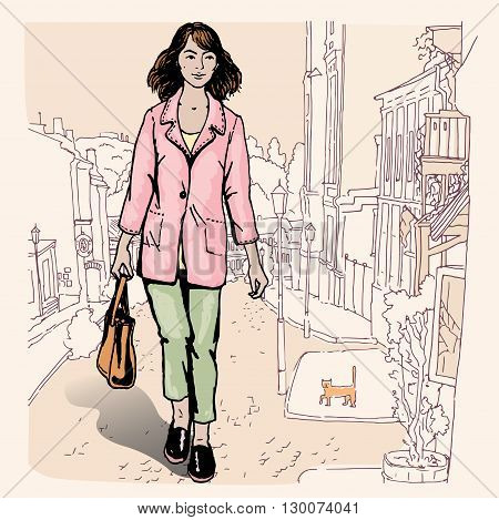 Sexy fashion girl in sketch style on a city-background. Place for your text. vector