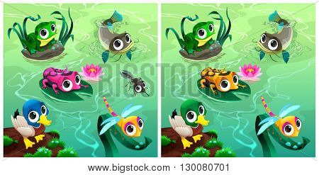 Spot the differences. Two images with six changes between them, vector and cartoon illustrations.