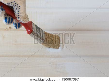 painting with white paint the wooden lining of pine