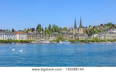 Lucerne, Switzerland - 7 May, 2016: view on Lake Lucerne from the Bahnhofquai quay. Lake Lucerne (German: Vierwaldstattersee) is a lake in central Switzerland the fourth largest in the country. Lucerne is a city in central Switzerland.
