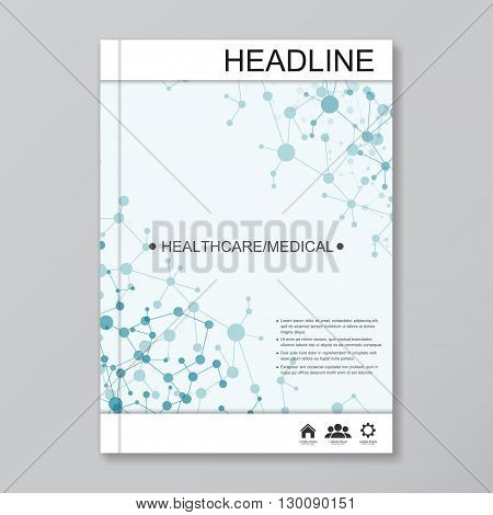 Science vector background. Modern vector templates for brochure, flyer, cover magazine or report in A4 size. Molecule structure and communication on the blue background..