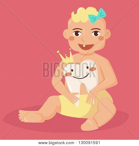 Baby with first tooth. Tooth with a crown. Flyer illustration for children dentistry. Cartoon style. Boy