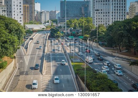 Sao Paulo - APRIL 30 2016 - Viaduto do Cha viaduct in Downtown in the city of Sao Paulo traffic and movement.
