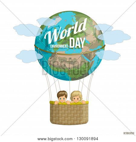 World Environment Day.  Happy kids on the planet flying in a balloon. Colorful banner for advertising brochures on environmental issues. Vector illustration