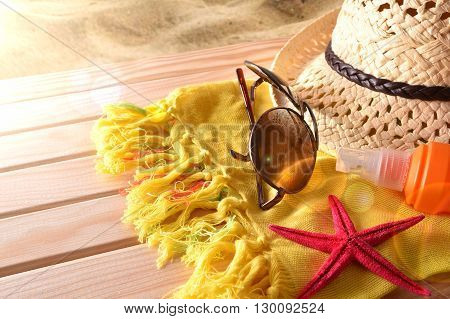 Beach Articles On A Table Wooden Slats Elevated View