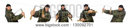 Young man with nunchaks isolated on white