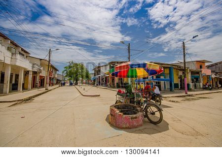 Muisne, Ecuador - March 16, 2016: Downtown Muisne city, small charming town located in the northern Ecuadorian coastline.