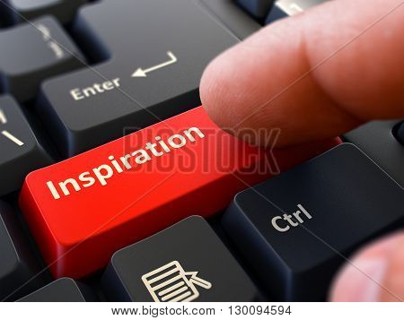 Inspiration Red Button - Finger Pushing Button of Black Computer Keyboard. Blurred Background. Closeup View. 3D Render.