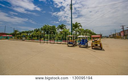 Muisne, Ecuador - March 16, 2016: Downtown Muisne city, small charming town located in the northern Ecuadorian coastline.