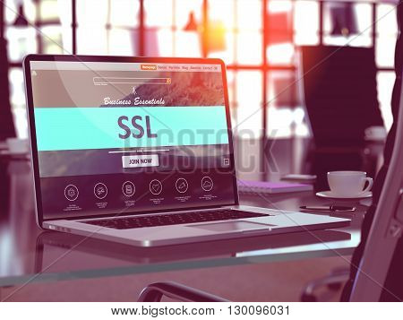 SSL - Socket Layer Security - Concept - Closeup on Laptop Screen in Modern Office Workplace. Toned Image with Selective Focus. 3D Render.