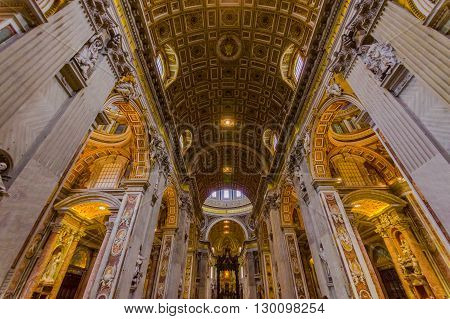 VATICAN, ITALY - JUNE 13, 2015: Sain Peter church in Vatican country, main hall roof inside the church. Beautiful