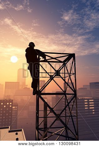 Silhouette of the worker on the rig.3d rende