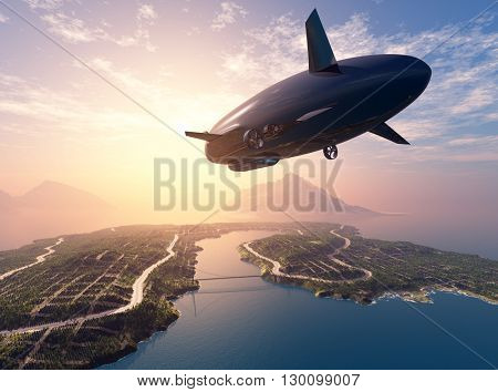 Airship over the island in the sea.  3d render