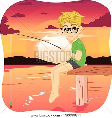 Little sad nerd boy fishing on the lake sitting on a wood pontoon at sunset