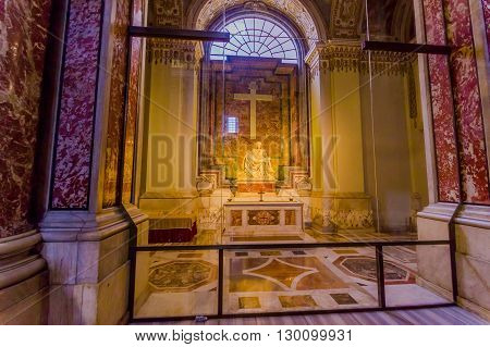 VATICAN, ITALY - JUNE 13, 2015: La Pieta from Michelangelo inside St. Peter Basilica, great sculture that shows Mary carrying Jesus dead.