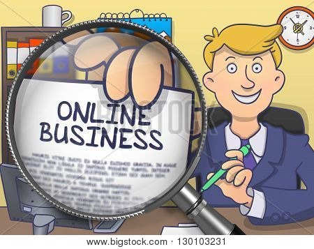 Online Business. Officeman Showing Text on Paper through Magnifier. Colored Modern Line Illustration in Doodle Style.