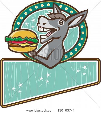 Illustration of a donkey ass mule or horse mascot serving up a hamburger burger sandwich viewed from the side set inside oval shape and rectangle shape in the bottom with woodgrain done in 1950s retro diner style