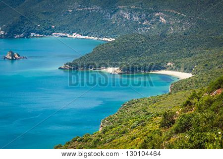 View of the beautiful coastal landscapes of the Arrabida region located on Setubal Portugal.