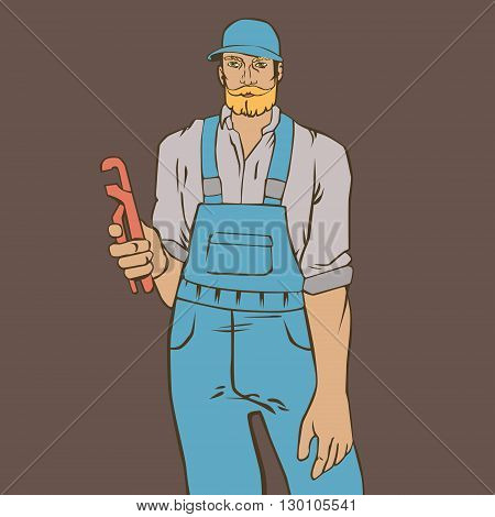 Vector illustration with hipster man plumber in cool retro style