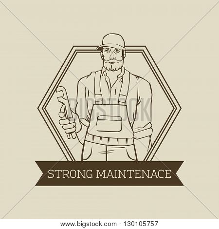 Vector logo or badge design with hipster man builder in cool retro style