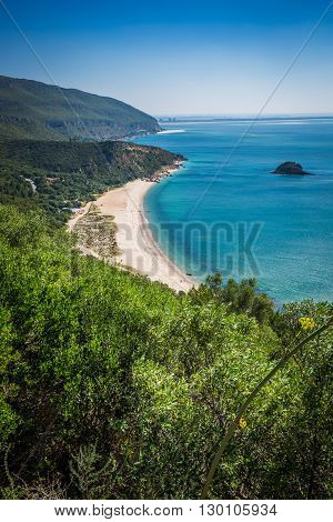 View of the beautiful coastal landscapes of the Arrabida region located on Setubal Portugal.