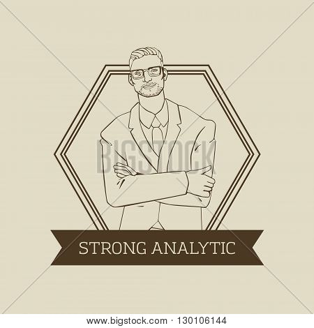 Vector logo or badge design with hipster man office financist in cool retro style