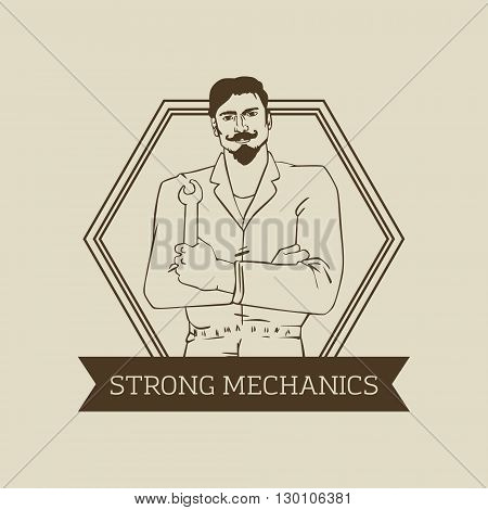 Vector logo or badge design with hipster man Auto Mechanic in cool retro style