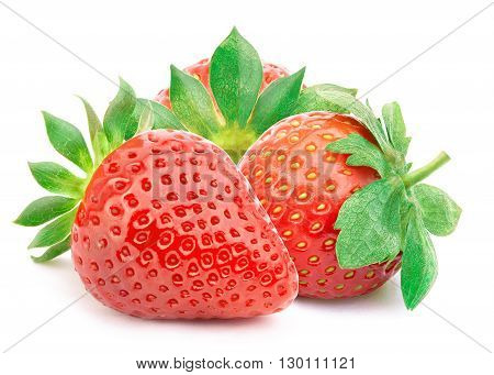 Three perfectly cleaned strawberries with leaves isolated on the white background with clipping path