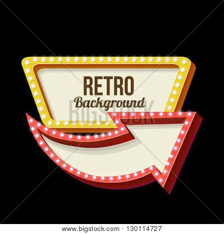 3d Vintage street sign. Retro banner with glowing lights. Volume symbol of the frame. Design element for your poster, advertising, text. Night sign with arrow. Frame, arrow icons. illustration
