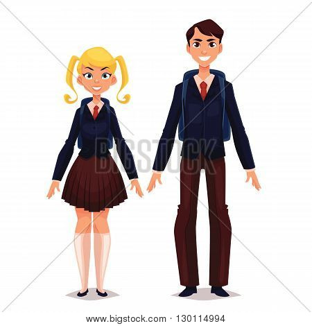 Students in school uniform, vector cartoon comic illustration isolated on a white background, two schoolboy boy and girl standing at full length in a school uniform