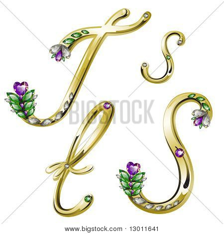 Vector Alphabet or avec diamants et pierres précieuses lettres S, T