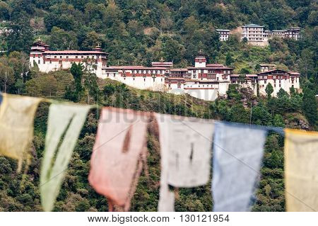 Trongsa Bhutan 04 Nov 2011: View Of Trongsa Dzong Bhutan With Colourful Prayer Flags.