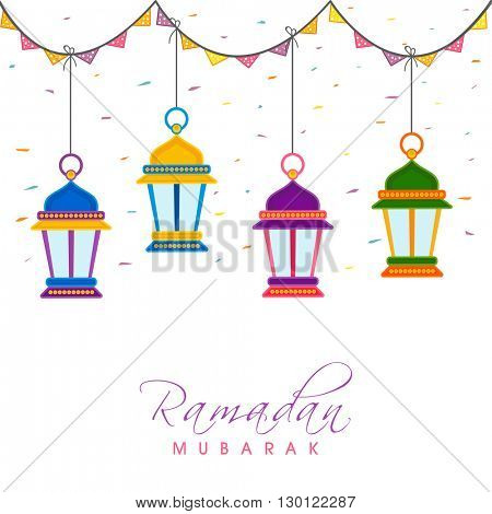 Colourful Traditional Arabic Lanterns for Holy Month of Muslim Community, Ramadan Kareem Celebration, Elegant Greeting Card or Invitation Card.
