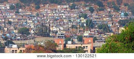 Mumbai, India - December 5, 2015 - Slum view from Vikhroli, 54% of Mumbai population lives in the slums.