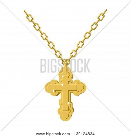 Golden cross necklace on chain of gold jewelry. crucifix Orthodox symbol of expensive jewelry. Christian and Catholic Accessory precious yellow metal. Fashionable Luxury treasure