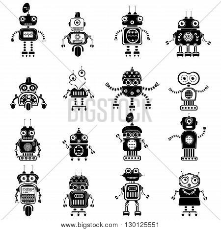 Robot icons, mono vector symbols. Vector robot silhouettes set. Flat design style robots and cyborgs. Science fiction androids with artificial intelligence. Eps10