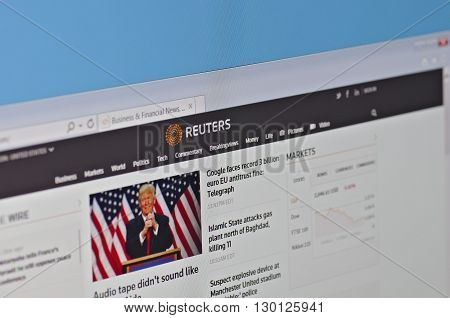 Saransk, Russia - May 15, 2016: A computer screen shows details of Reuters main page on its web sites in Saransk, Russia, on May 15, 2016. Selective focus.