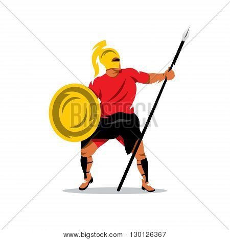 Gladiator in a helmet holding shield and a spear. Isolated on a white background