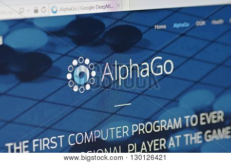 Saransk, Russia - May 17, 2016: A computer screen shows details of AlphaGo page on a Google DeepMind web site on May 17, 2016. Selective focus.