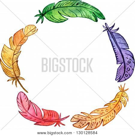 vector round frame with watercolor drawing feathers, ornate color plumelet isolated at white background, hand drawn vector template, gift card