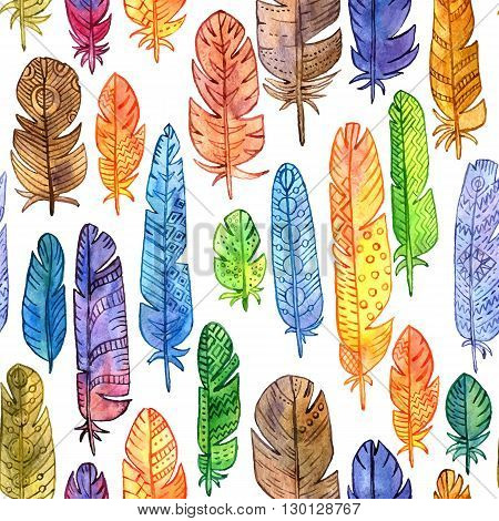vector seamless pattern with watercolor drawing feathers, ornate color plumelet at white background, colored ornament, hand drawn vector background