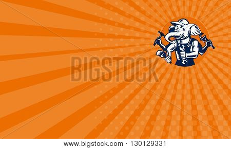 Business card showing illustration of an elephant builder plumber mechanic repairman with 4 hands holding hammer wrench spanner and brush set inside circle done in retro woodcut style.