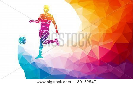 Creative soccer player. Football player kicks the ball, colorful vector illustration with background or banner template in trendy abstract pectrum polygon style and rainbow back