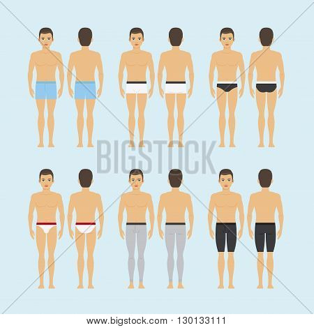 Mens underwear. Young man in different types of underwear vector illustration